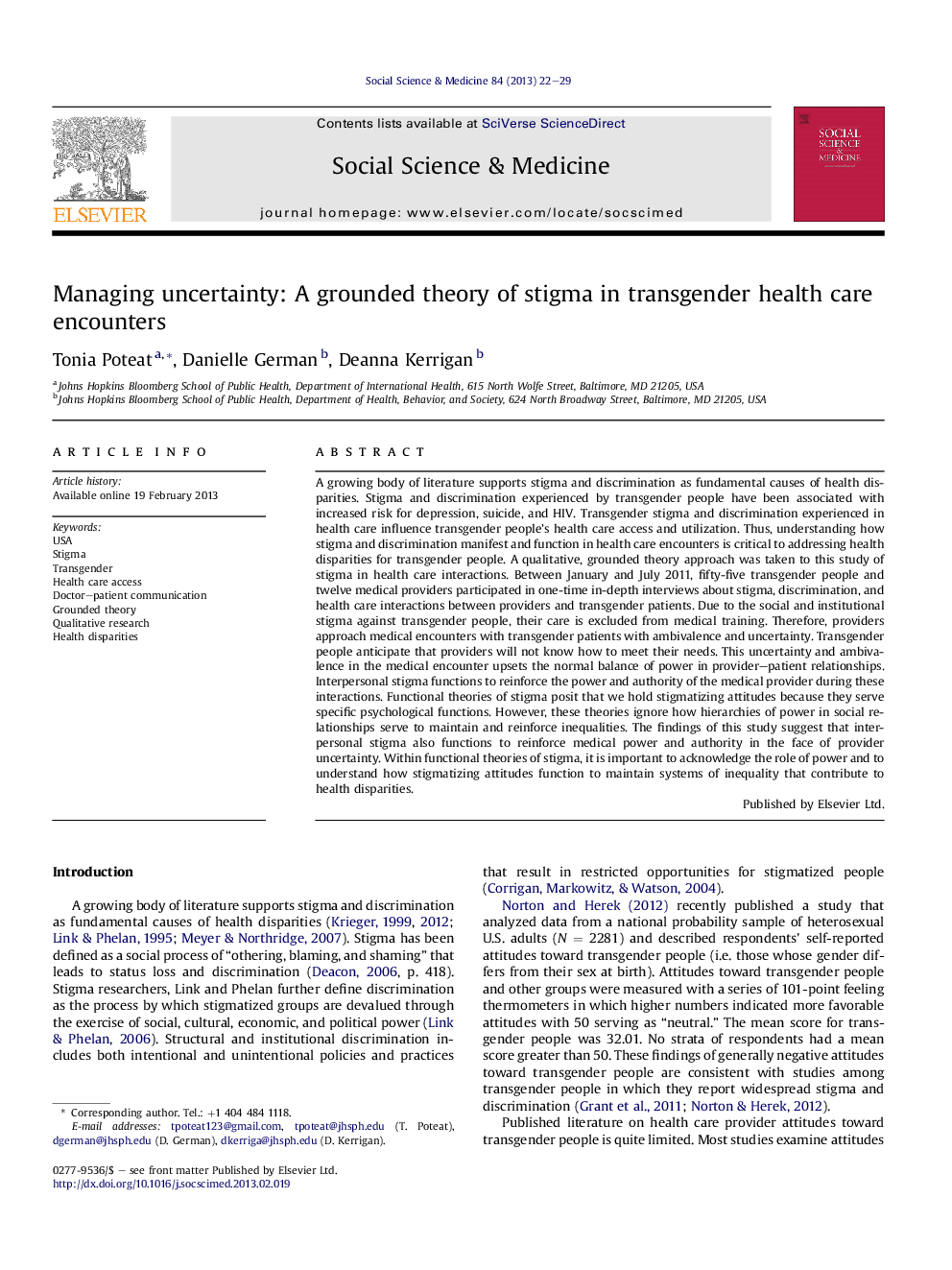 Managing uncertainty: A grounded theory of stigma in transgender health care encounters