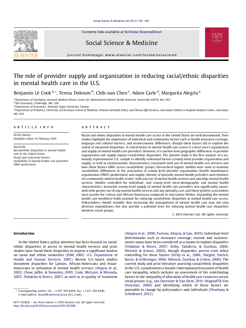 The role of provider supply and organization in reducing racial/ethnic disparities in mental health care in the U.S.