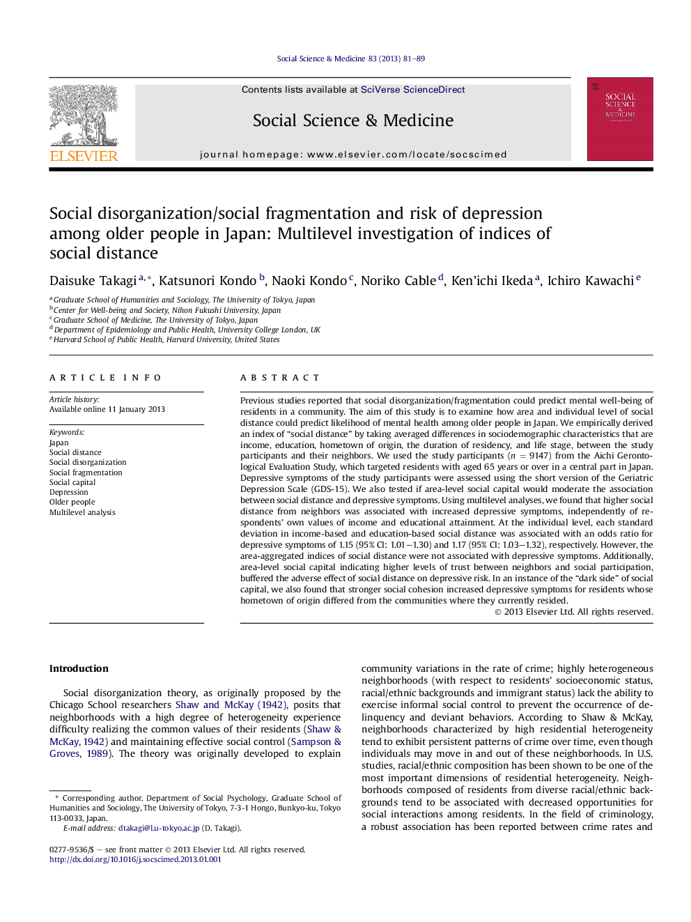 Social disorganization/social fragmentation and risk of depression among older people in Japan: Multilevel investigation of indices of social distance