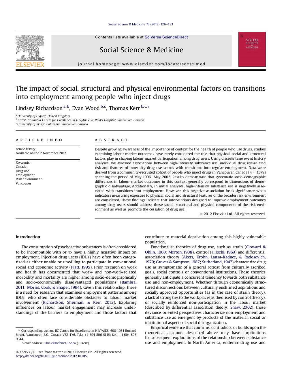 The impact of social, structural and physical environmental factors on transitions into employment among people who inject drugs