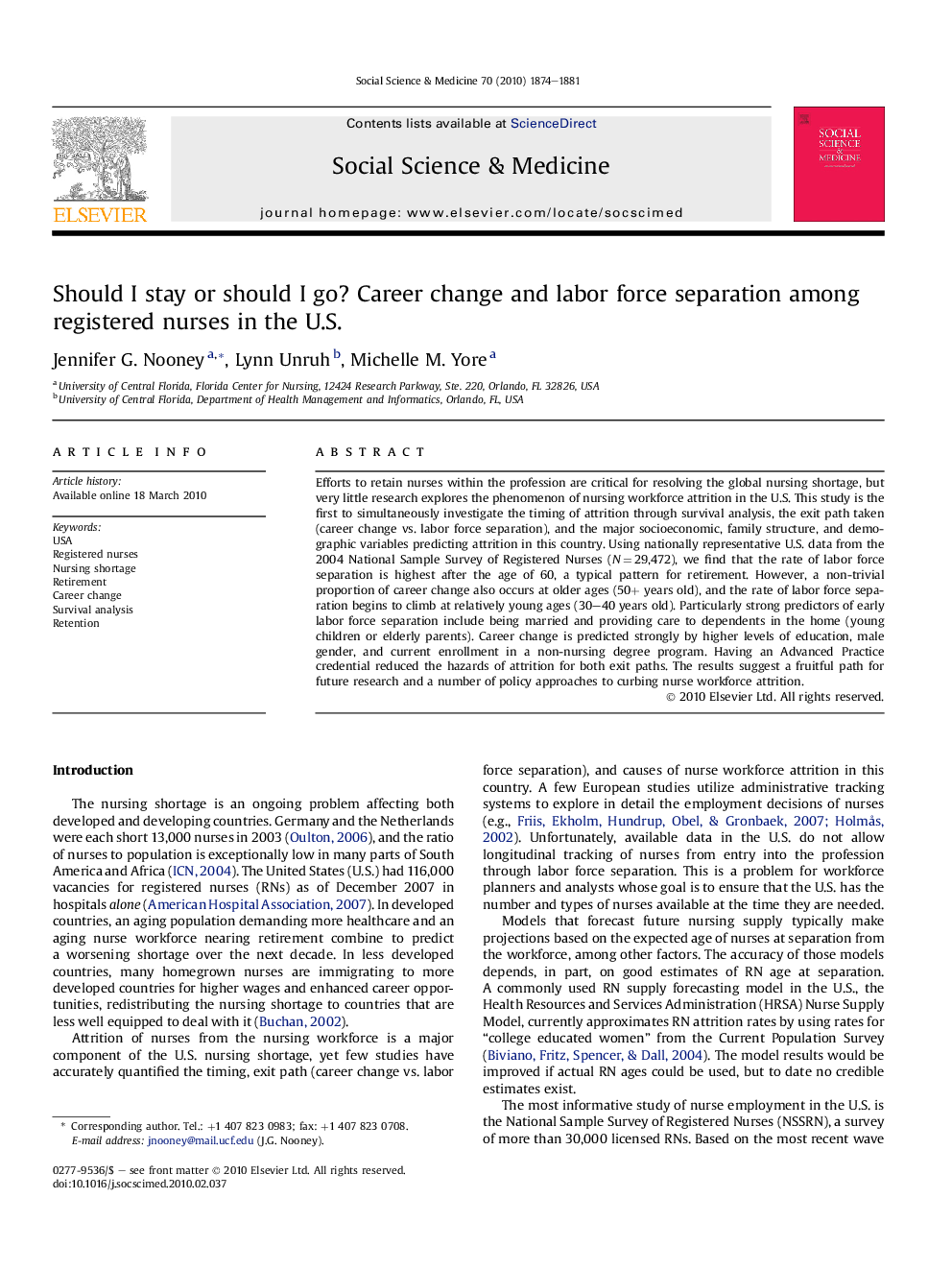 Should I stay or should I go? Career change and labor force separation among registered nurses in the U.S.