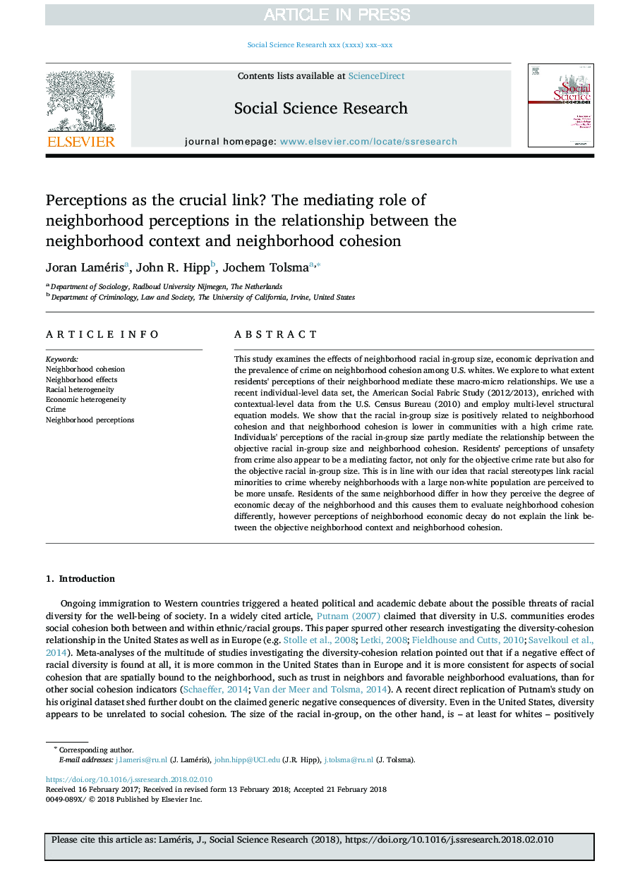 درک به عنوان پیوند حیاتی نقش میانجی از ادراکات محله در رابطه بین محله و انسجام محله 