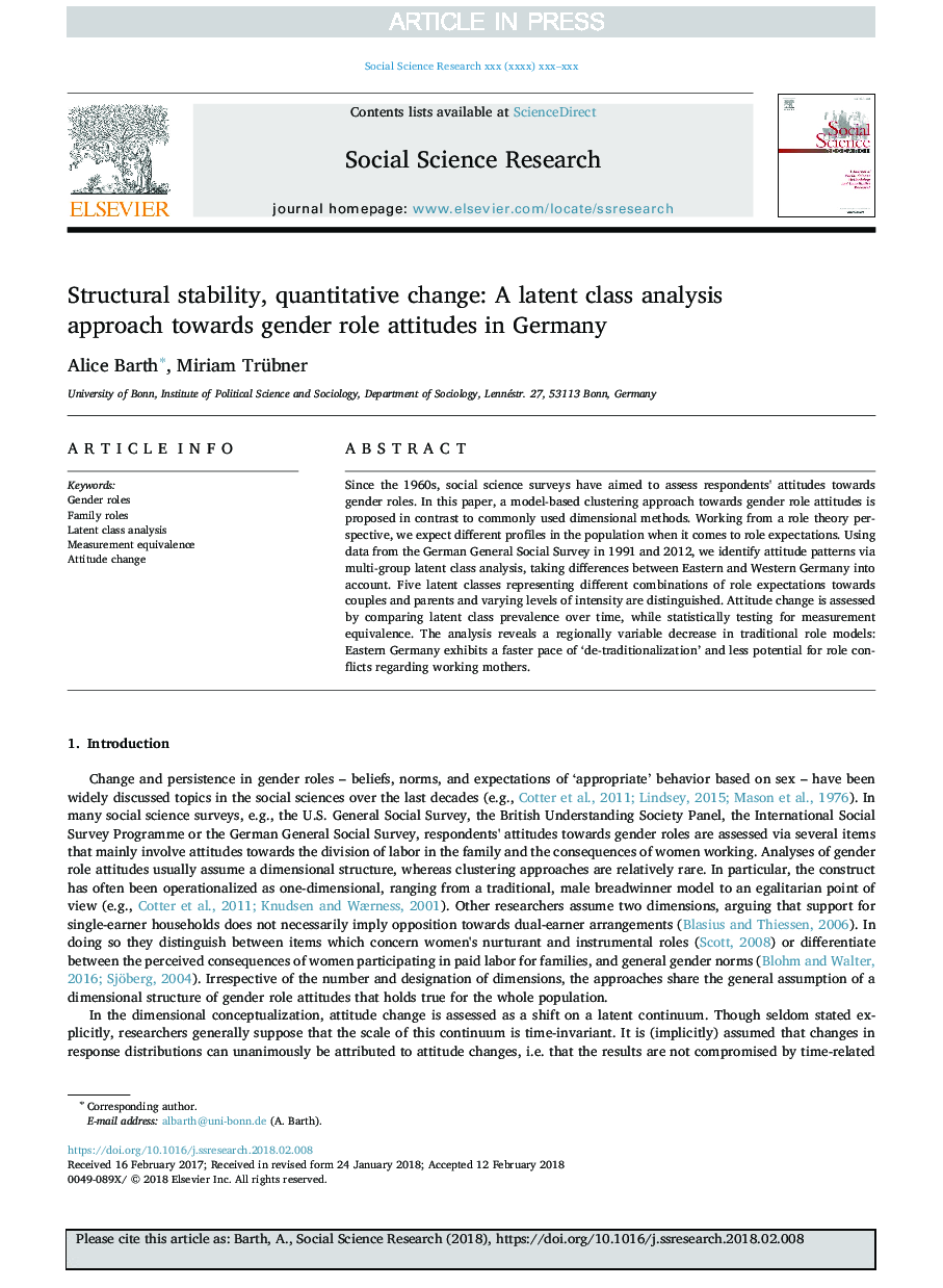 Structural stability, quantitative change: A latent class analysis approach towards gender role attitudes in Germany