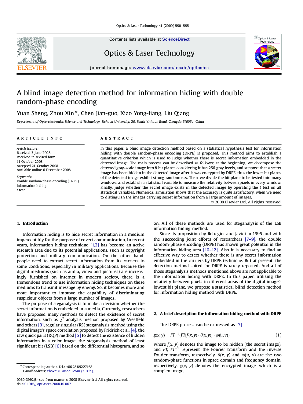 A blind image detection method for information hiding with double random-phase encoding