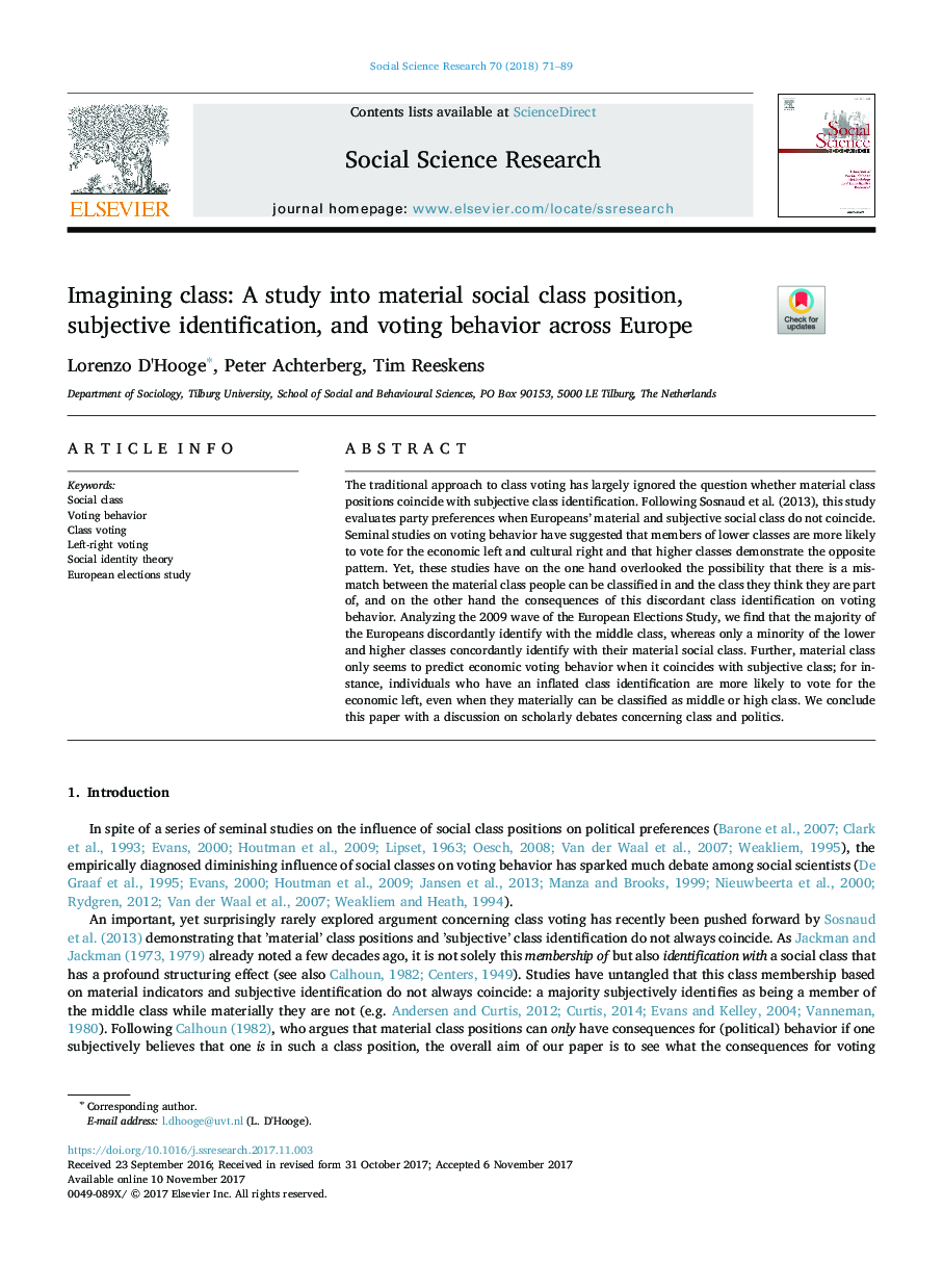 Imagining class: A study into material social class position, subjective identification, and voting behavior across Europe