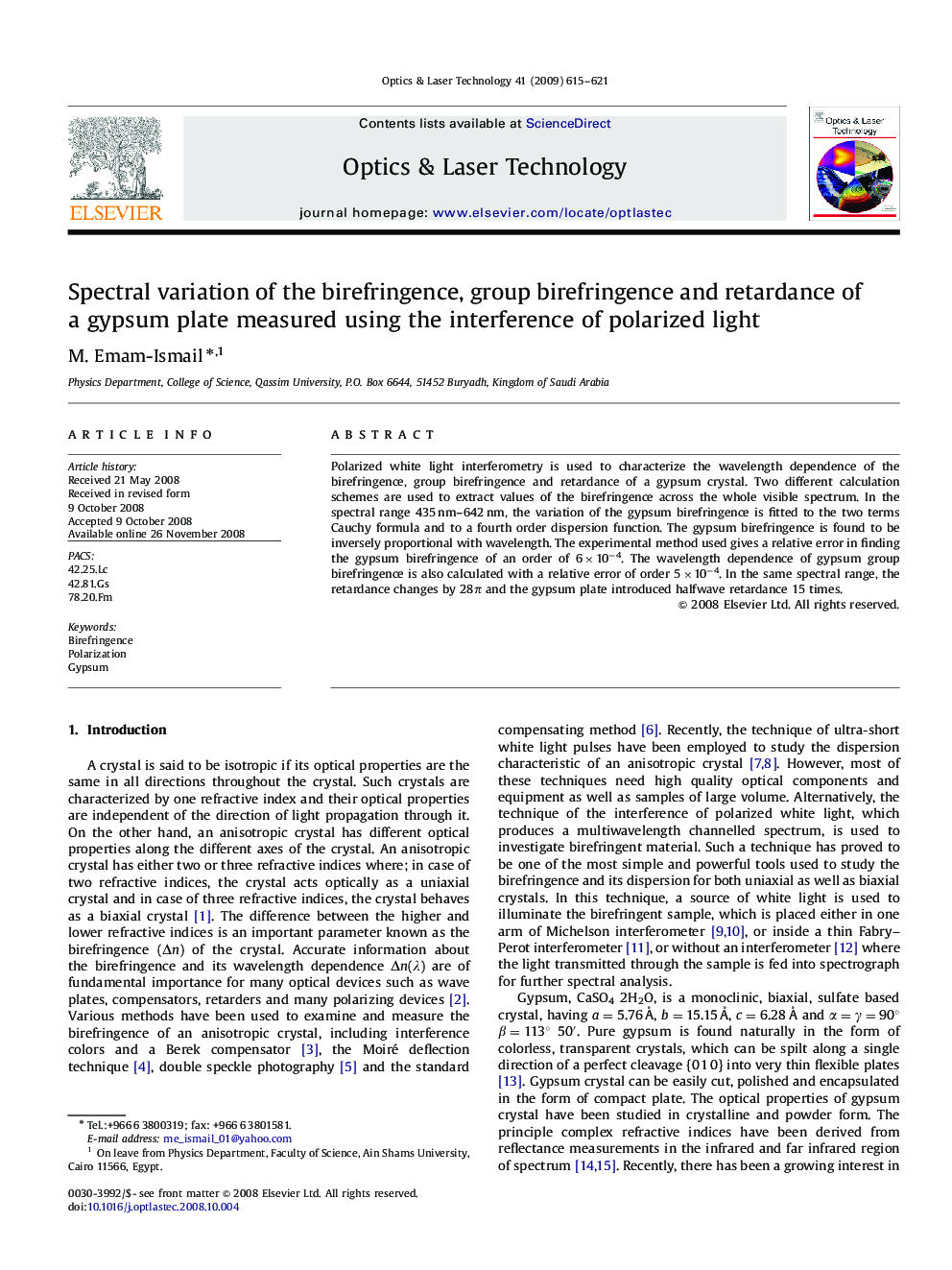 Spectral variation of the birefringence, group birefringence and retardance of a gypsum plate measured using the interference of polarized light