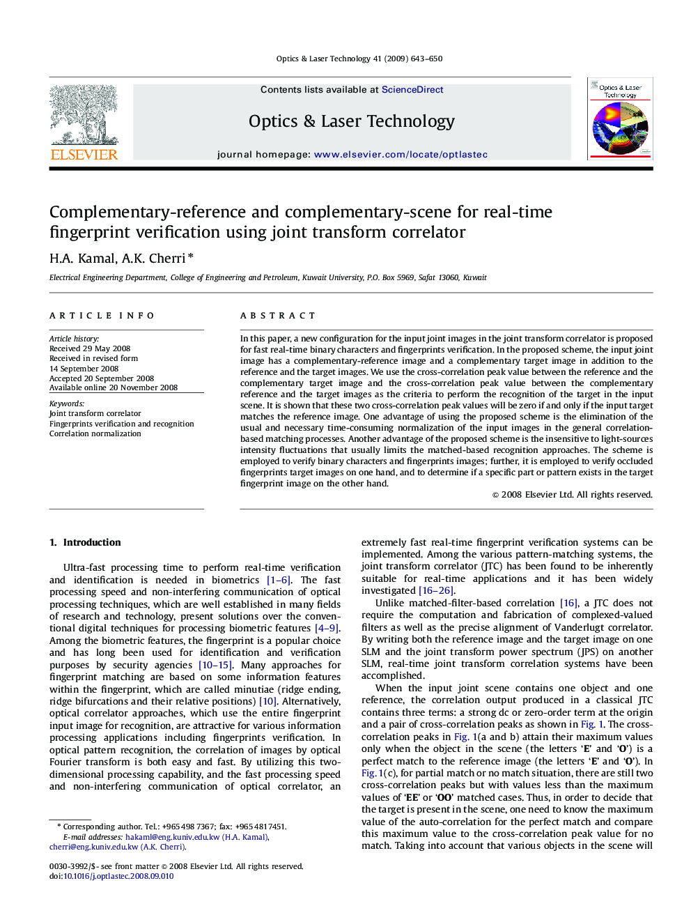 Complementary-reference and complementary-scene for real-time fingerprint verification using joint transform correlator