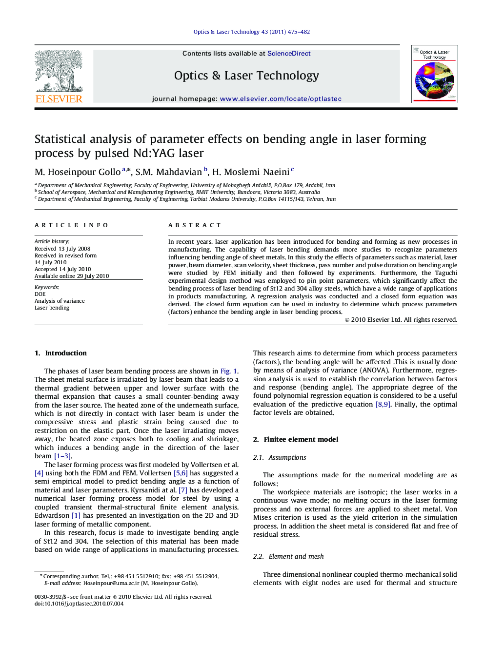 Statistical analysis of parameter effects on bending angle in laser forming process by pulsed Nd:YAG laser