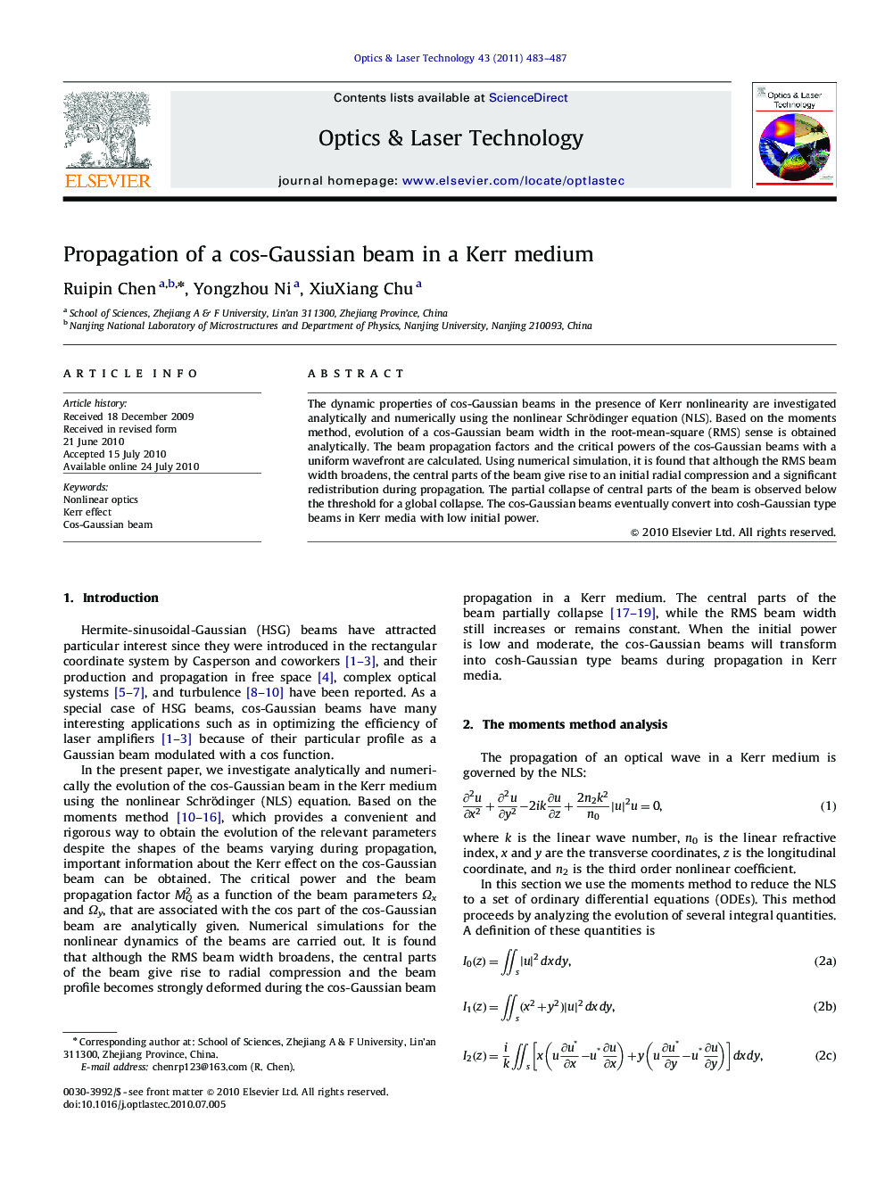 Propagation of a cos-Gaussian beam in a Kerr medium