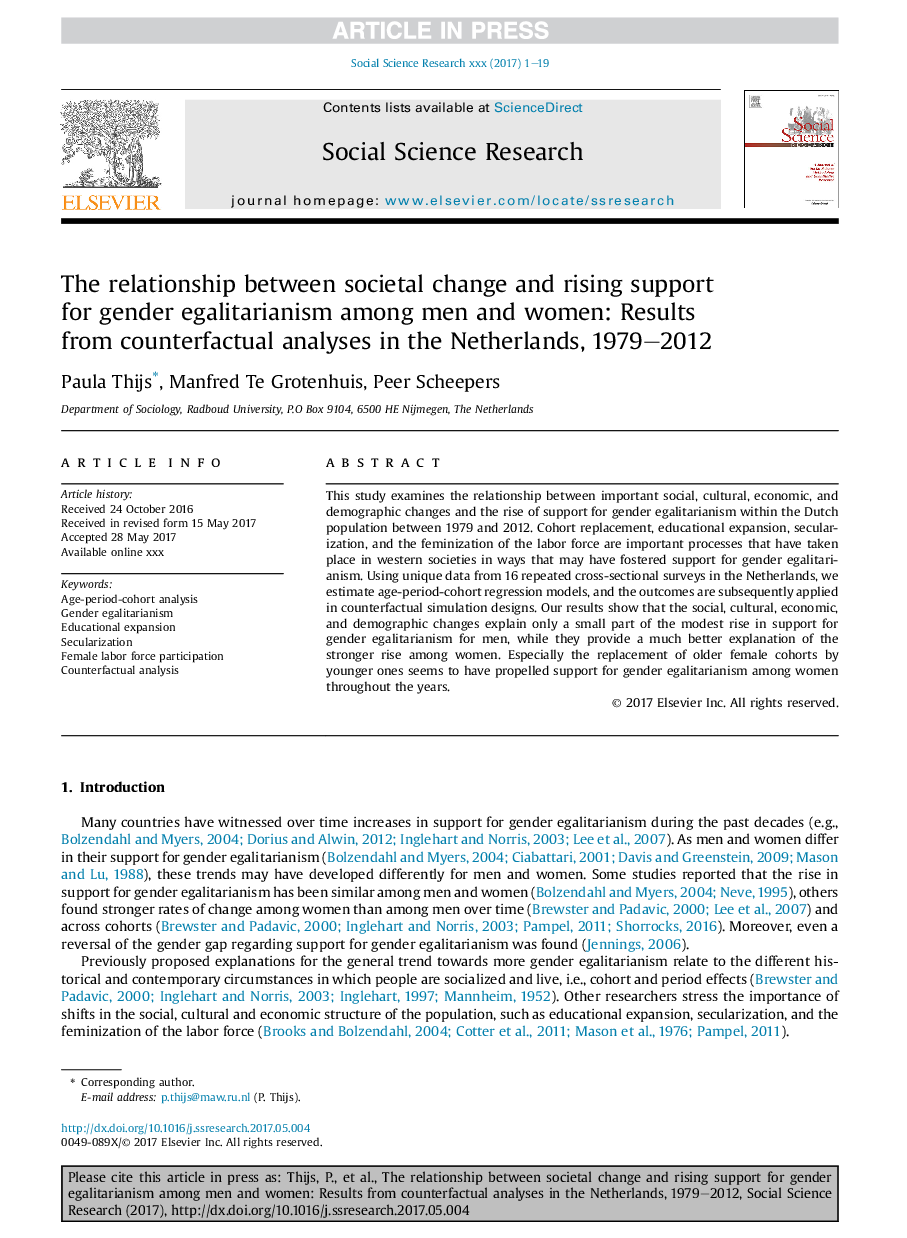 The relationship between societal change and rising support for gender egalitarianism among men and women: Results from counterfactual analyses in the Netherlands, 1979-2012