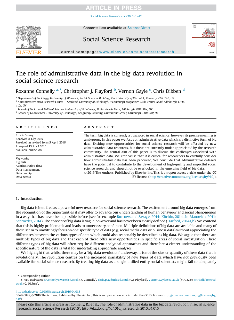 The role of administrative data in the big data revolution in social science research