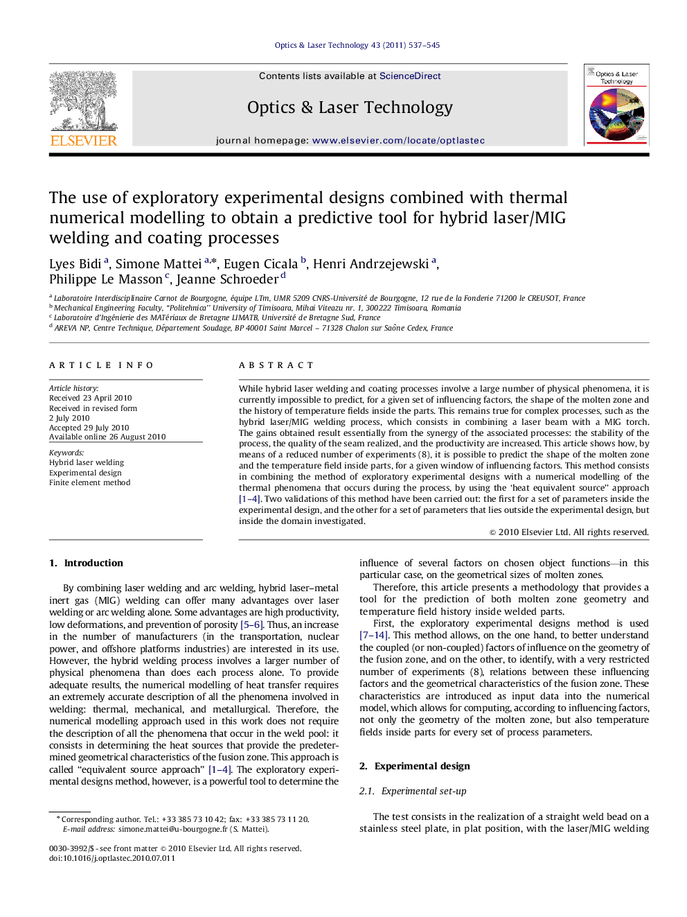 The use of exploratory experimental designs combined with thermal numerical modelling to obtain a predictive tool for hybrid laser/MIG welding and coating processes