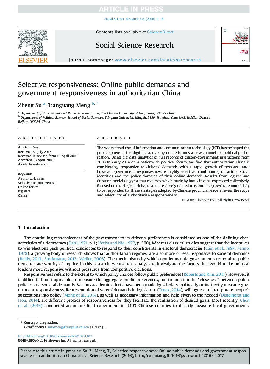 Selective responsiveness: Online public demands and government responsiveness in authoritarian China