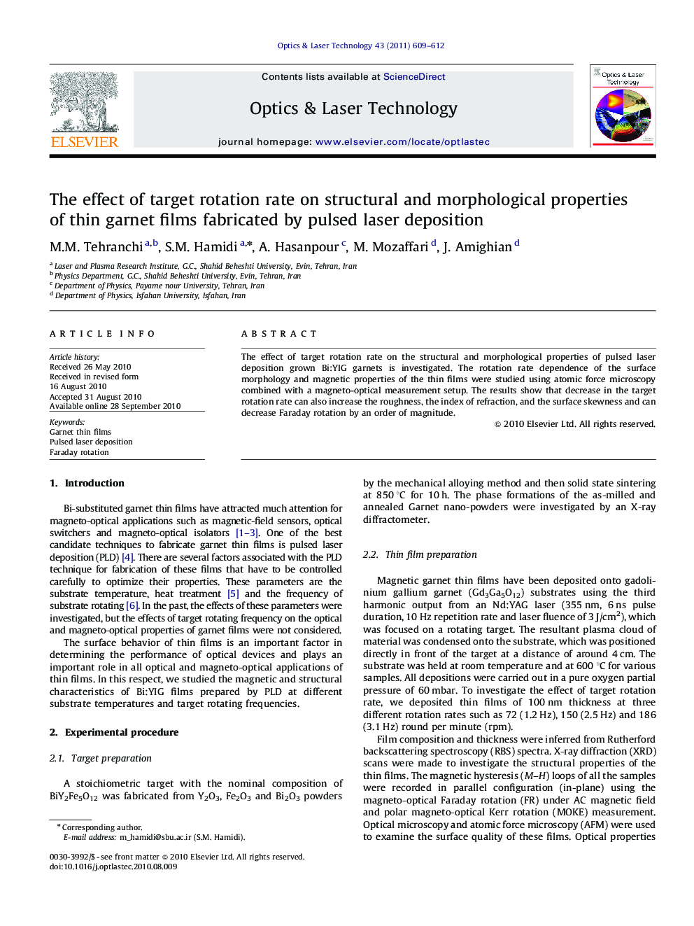 The effect of target rotation rate on structural and morphological properties of thin garnet films fabricated by pulsed laser deposition