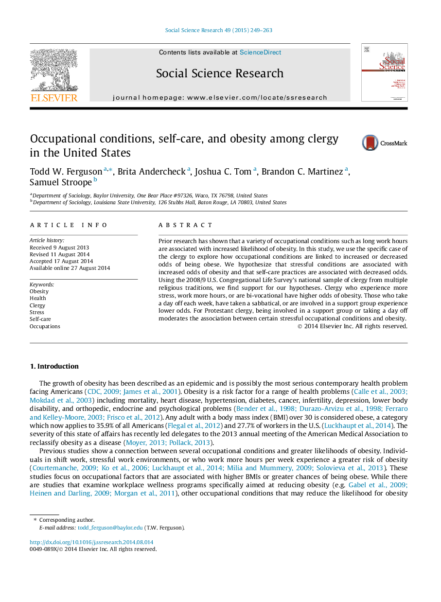 Occupational conditions, self-care, and obesity among clergy in the United States