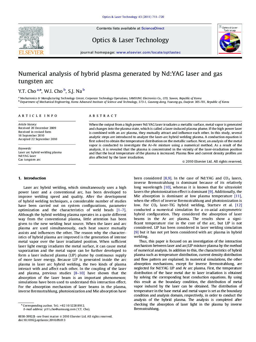 Numerical analysis of hybrid plasma generated by Nd:YAG laser and gas tungsten arc