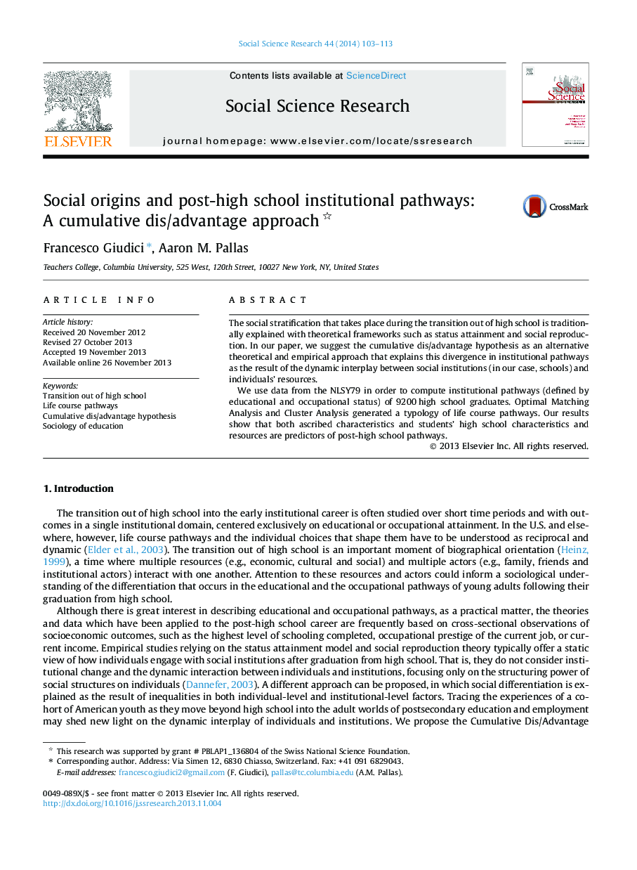 Social origins and post-high school institutional pathways: A cumulative dis/advantage approach