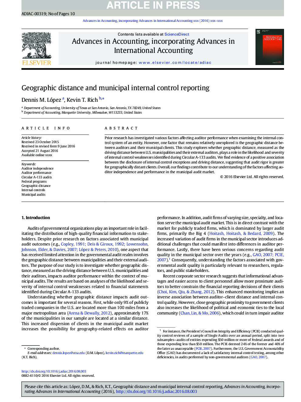 Geographic distance and municipal internal control reporting