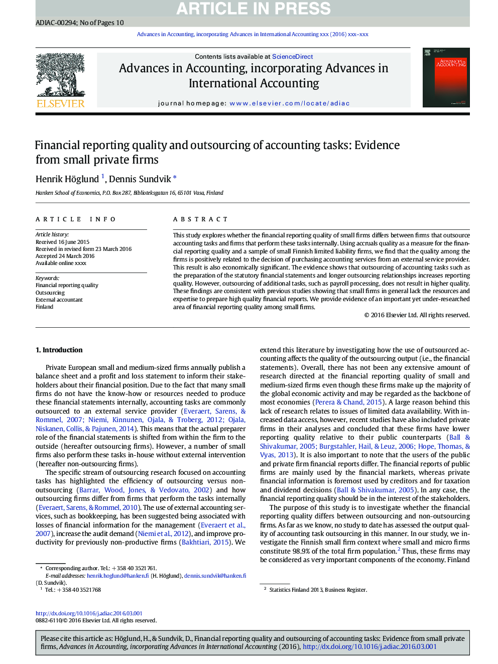 Financial reporting quality and outsourcing of accounting tasks: Evidence from small private firms