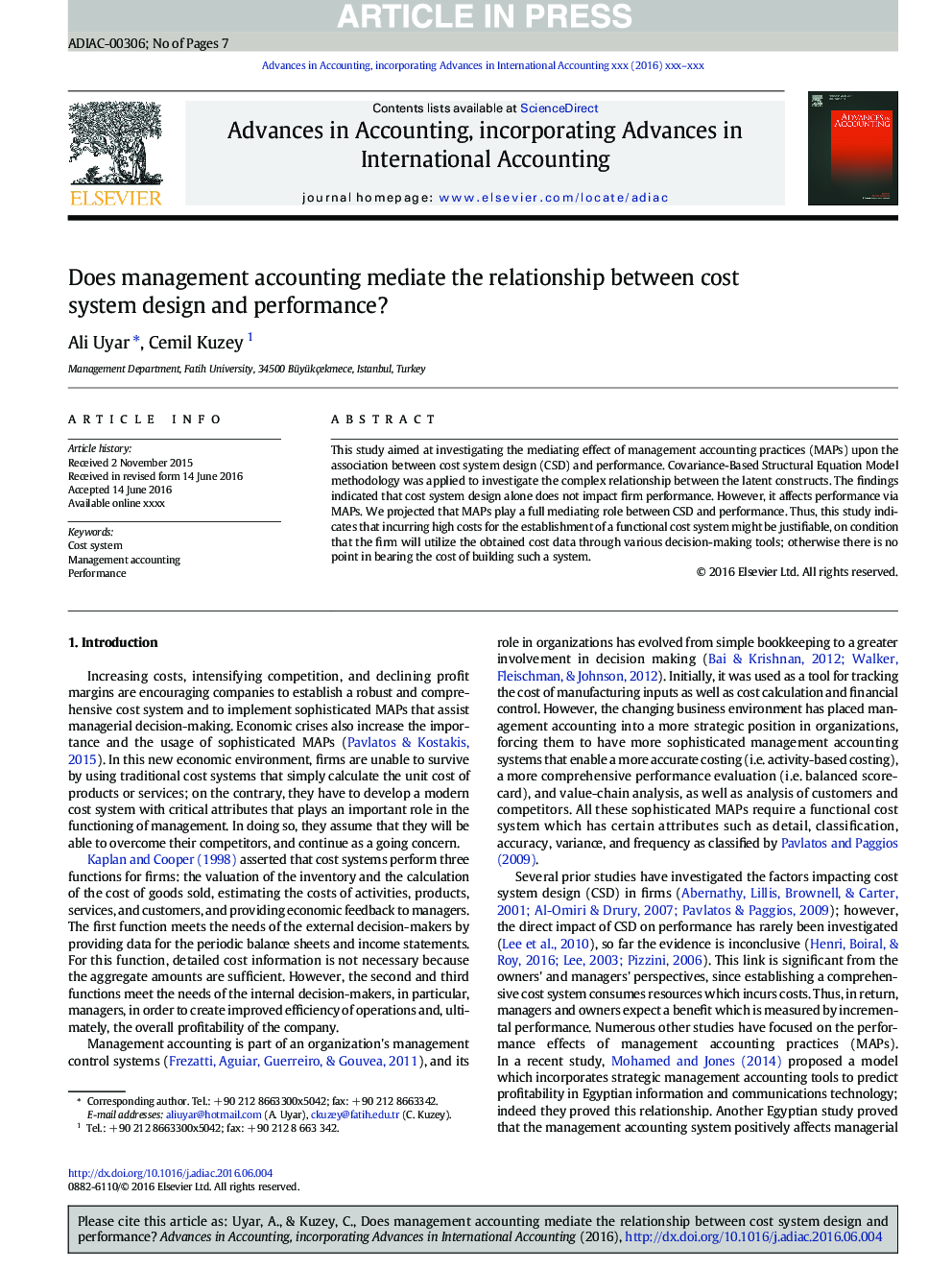 Does management accounting mediate the relationship between cost system design and performance?