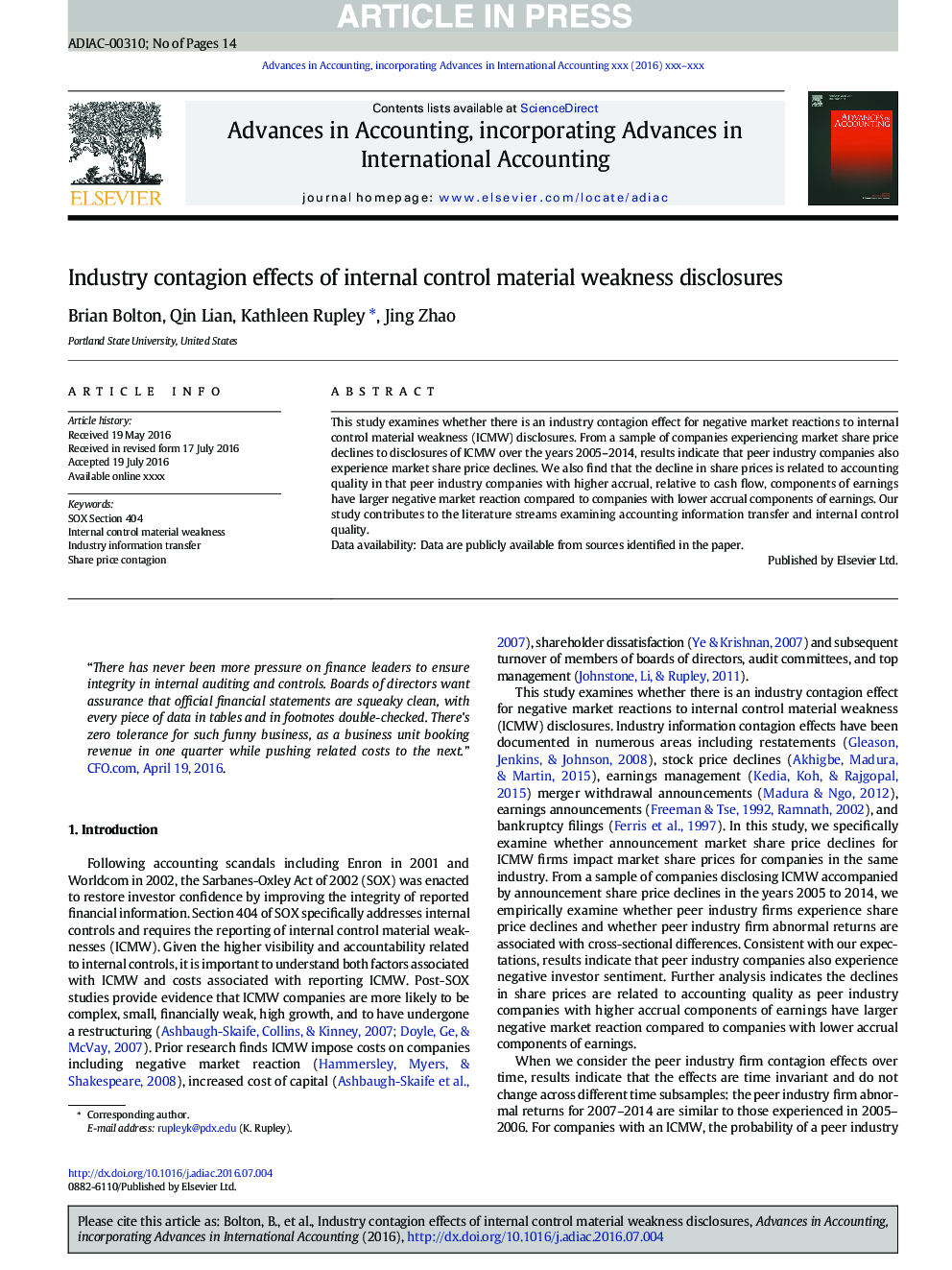 Industry contagion effects of internal control material weakness disclosures