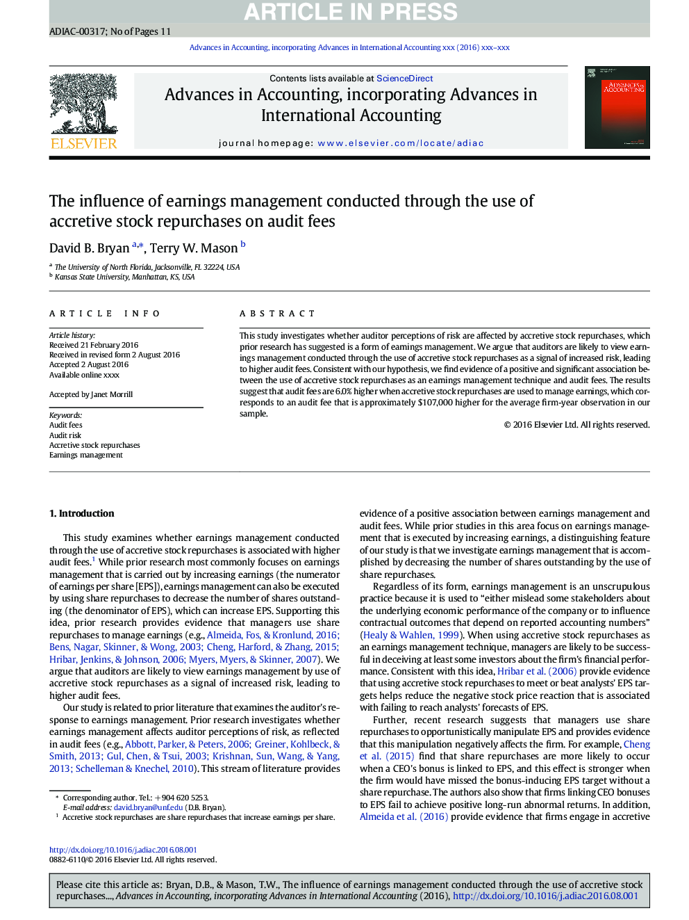 The influence of earnings management conducted through the use of accretive stock repurchases on audit fees