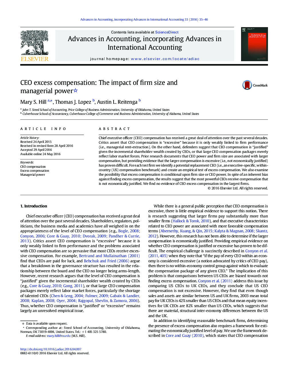 CEO excess compensation: The impact of firm size and managerial power