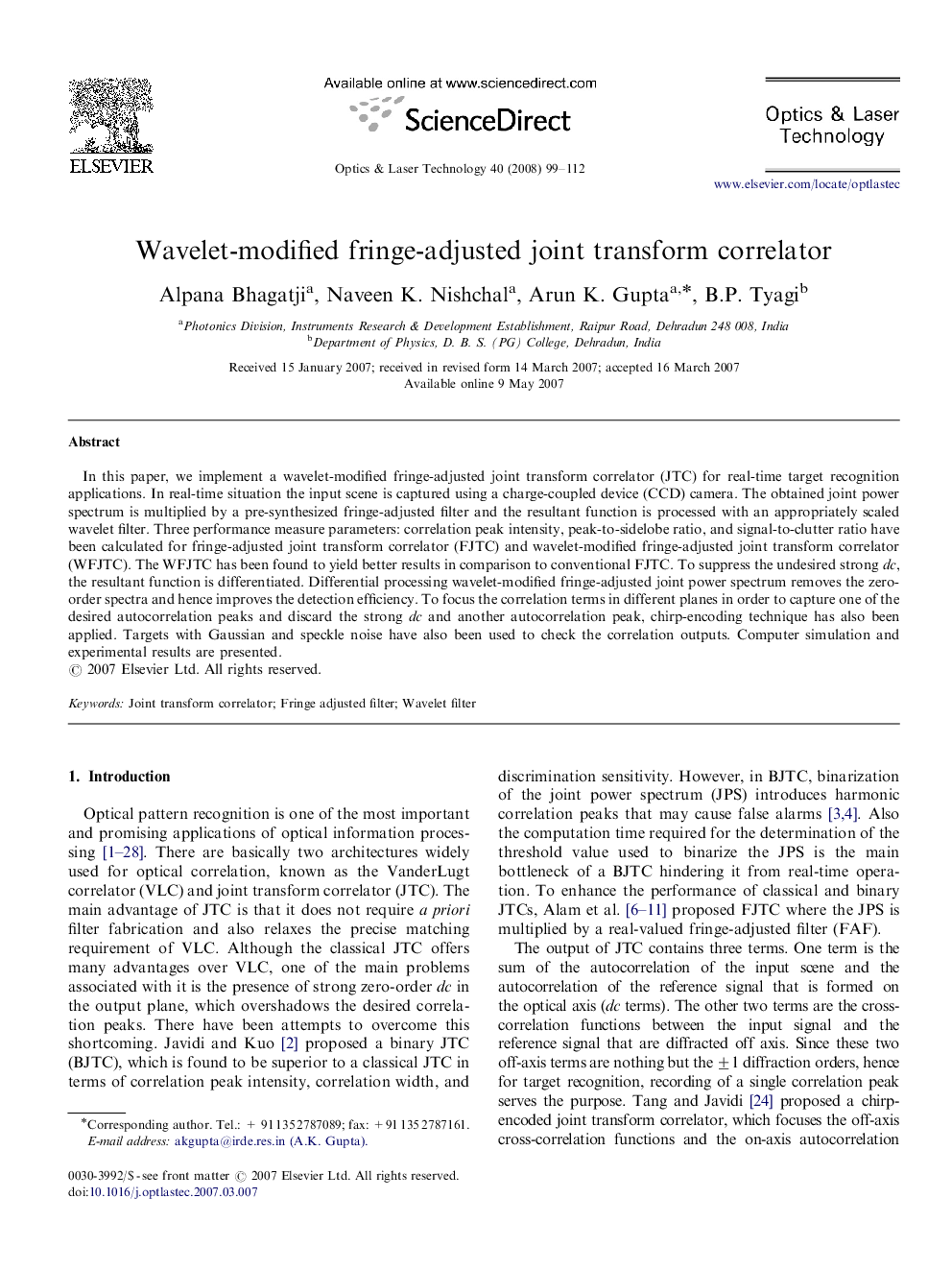 Wavelet-modified fringe-adjusted joint transform correlator