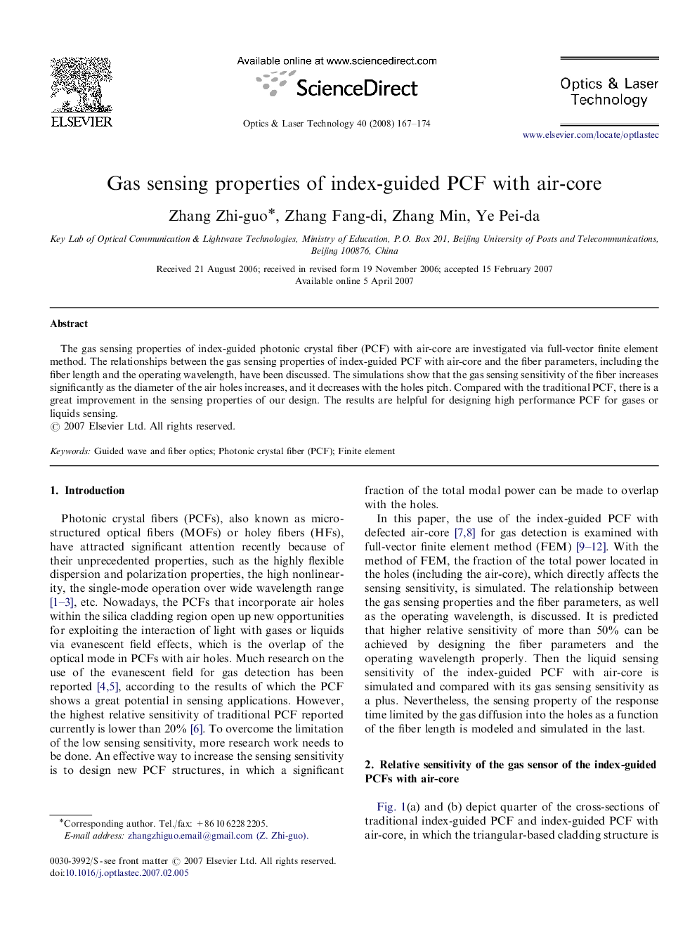 Gas sensing properties of index-guided PCF with air-core