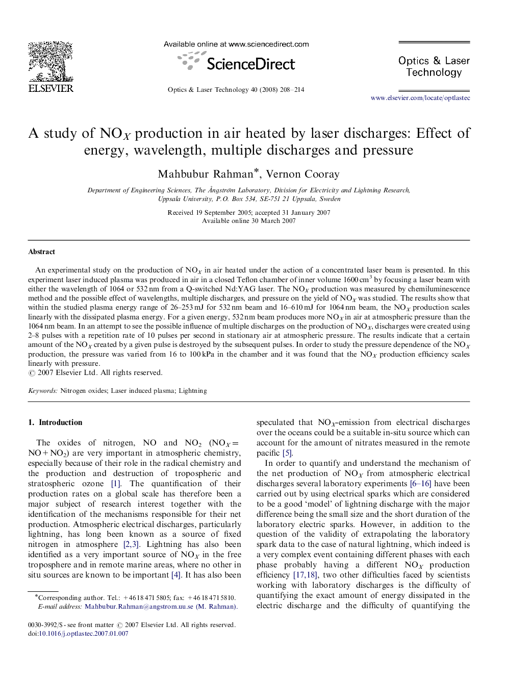 A study of NOX production in air heated by laser discharges: Effect of energy, wavelength, multiple discharges and pressure