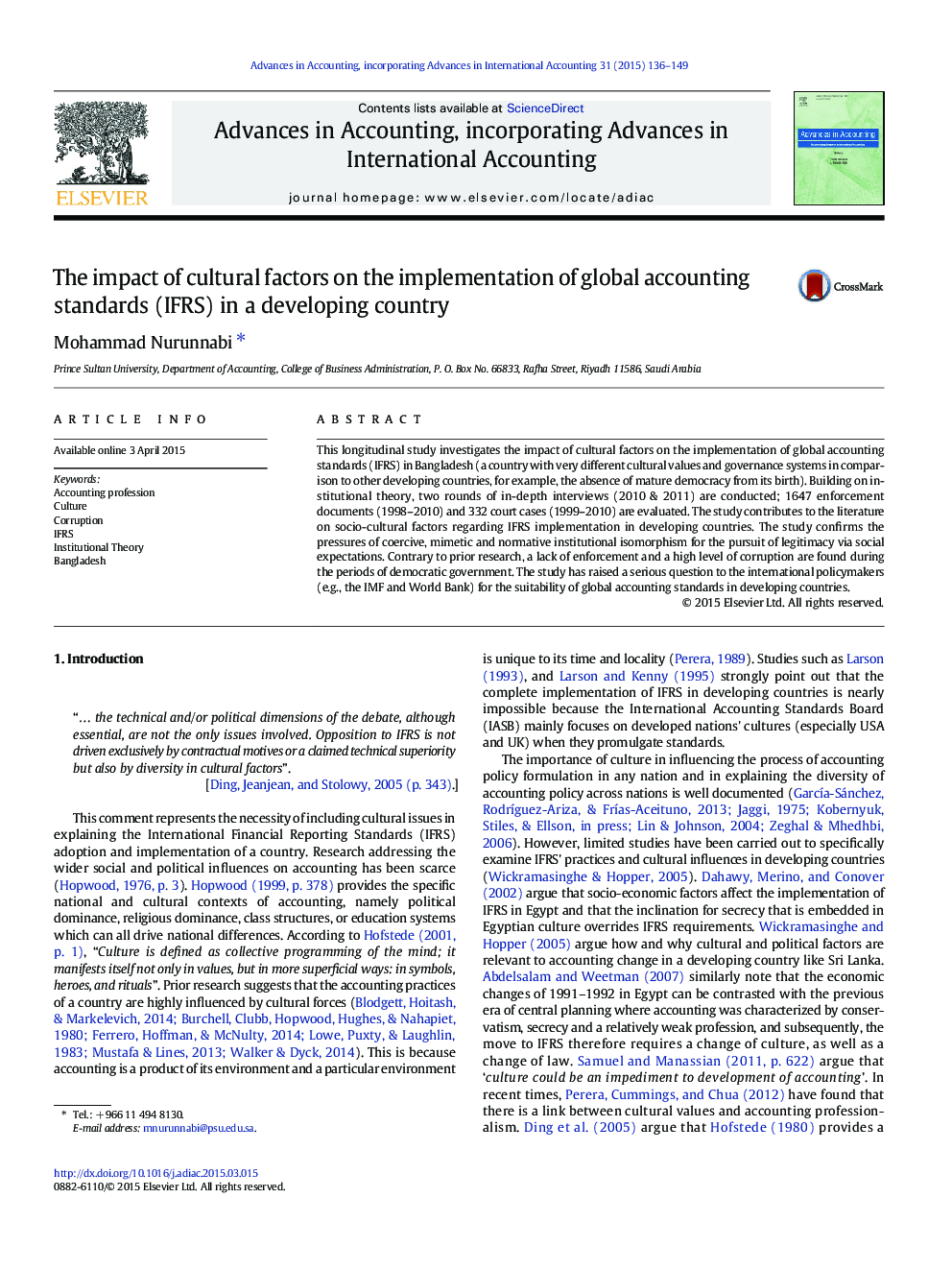 The impact of cultural factors on the implementation of global accounting standards (IFRS) in a developing country