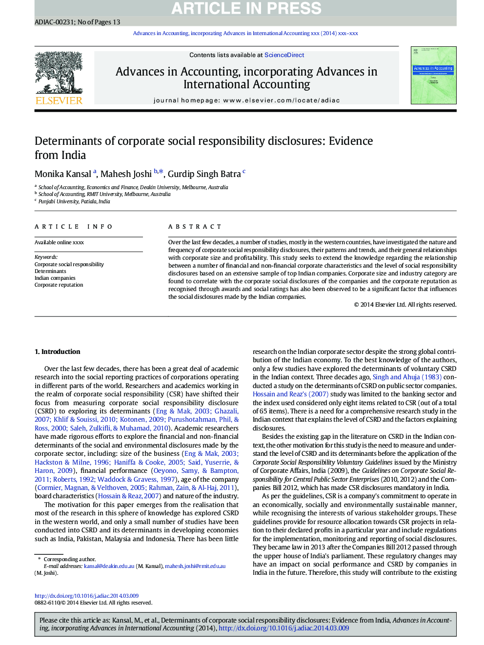 Determinants of corporate social responsibility disclosures: Evidence from India