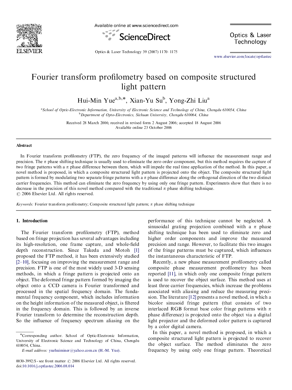 Fourier transform profilometry based on composite structured light pattern