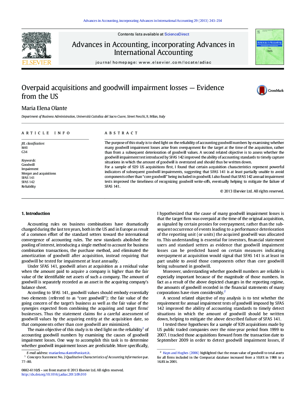 Overpaid acquisitions and goodwill impairment losses - Evidence from the US