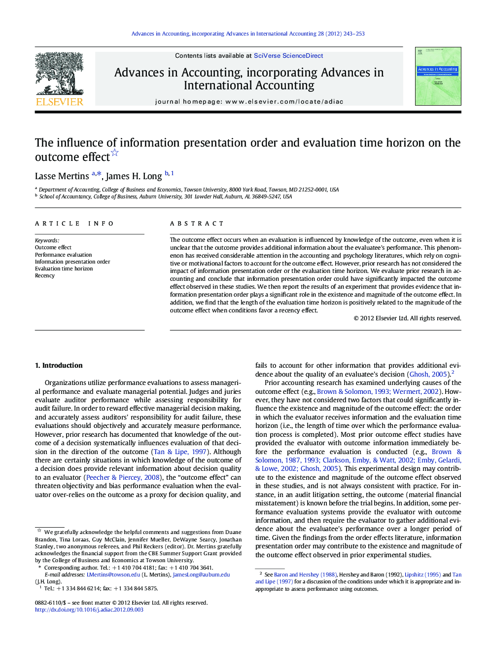عکس صفحه اول مقاله: The influence of information presentation order and evaluation time horizon on the outcome effect The influence of information presentation order and evaluation time horizon on the outcome effect