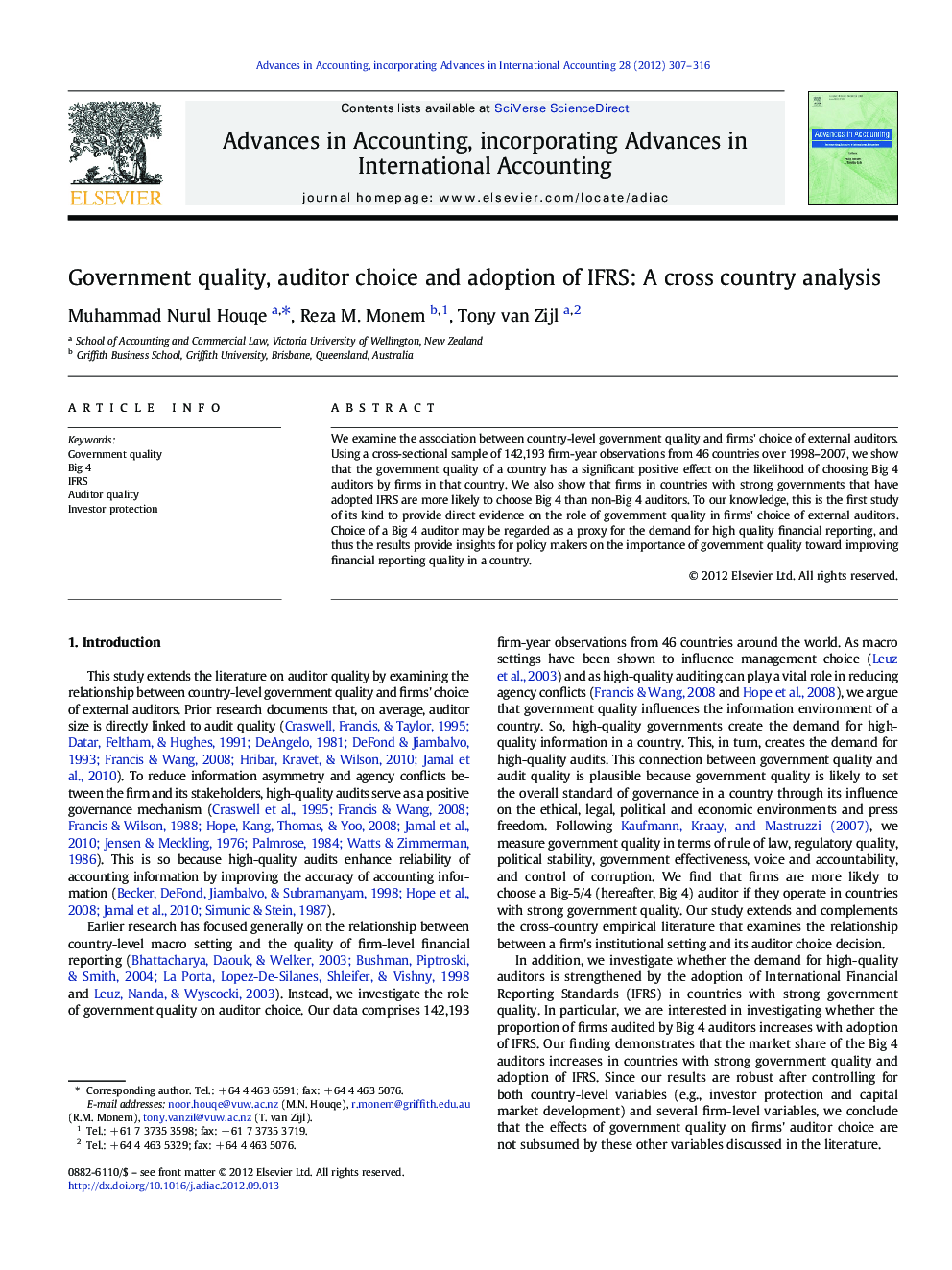 Government quality, auditor choice and adoption of IFRS: A cross country analysis