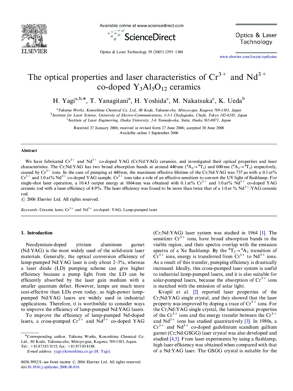 The optical properties and laser characteristics of Cr3+ and Nd3+ co-doped Y3Al5O12 ceramics