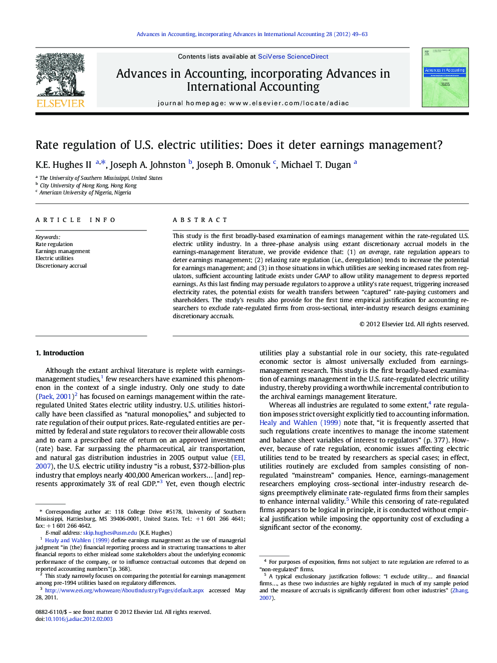 Rate regulation of U.S. electric utilities: Does it deter earnings management?