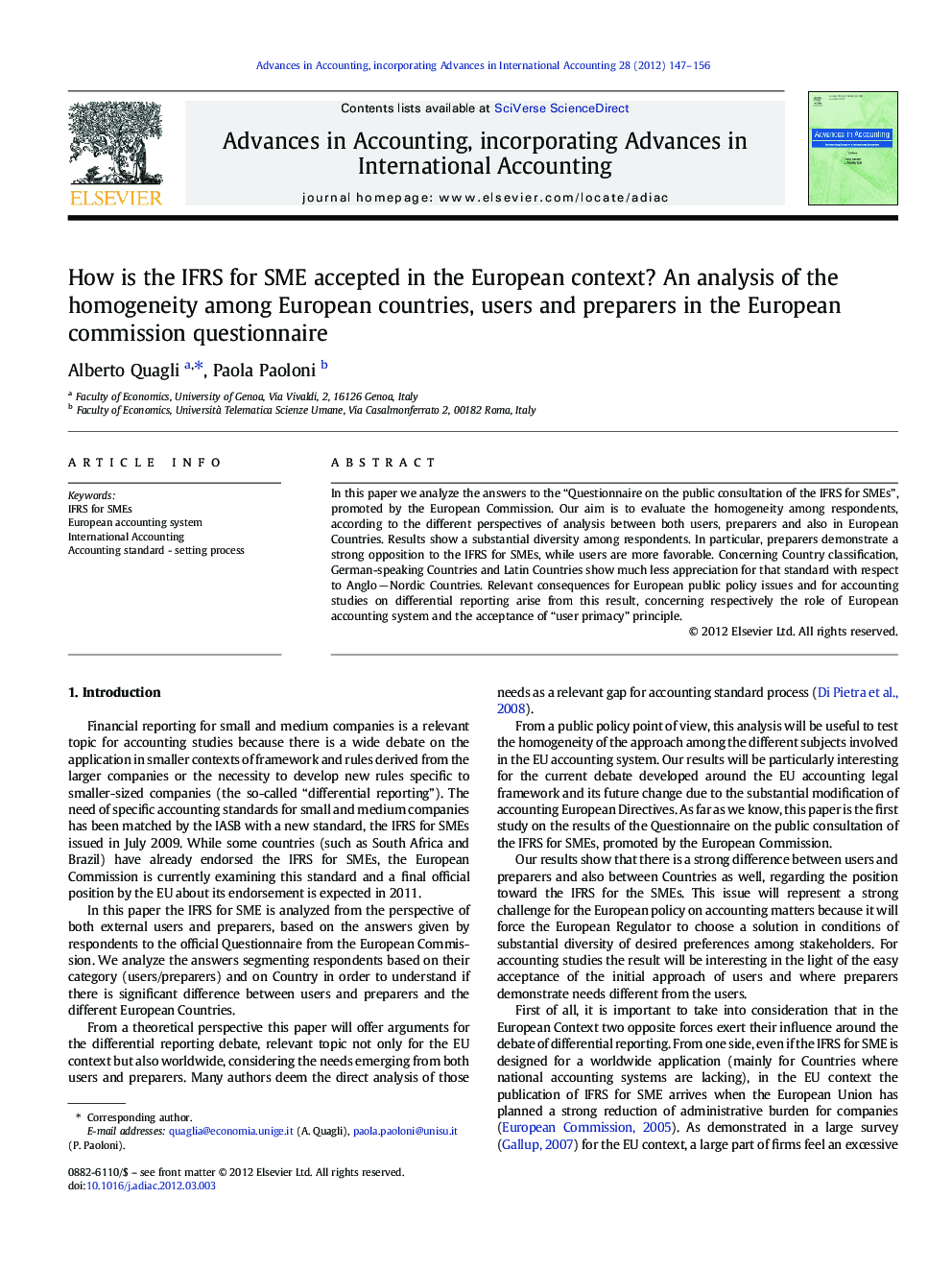 How is the IFRS for SME accepted in the European context? An analysis of the homogeneity among European countries, users and preparers in the European commission questionnaire