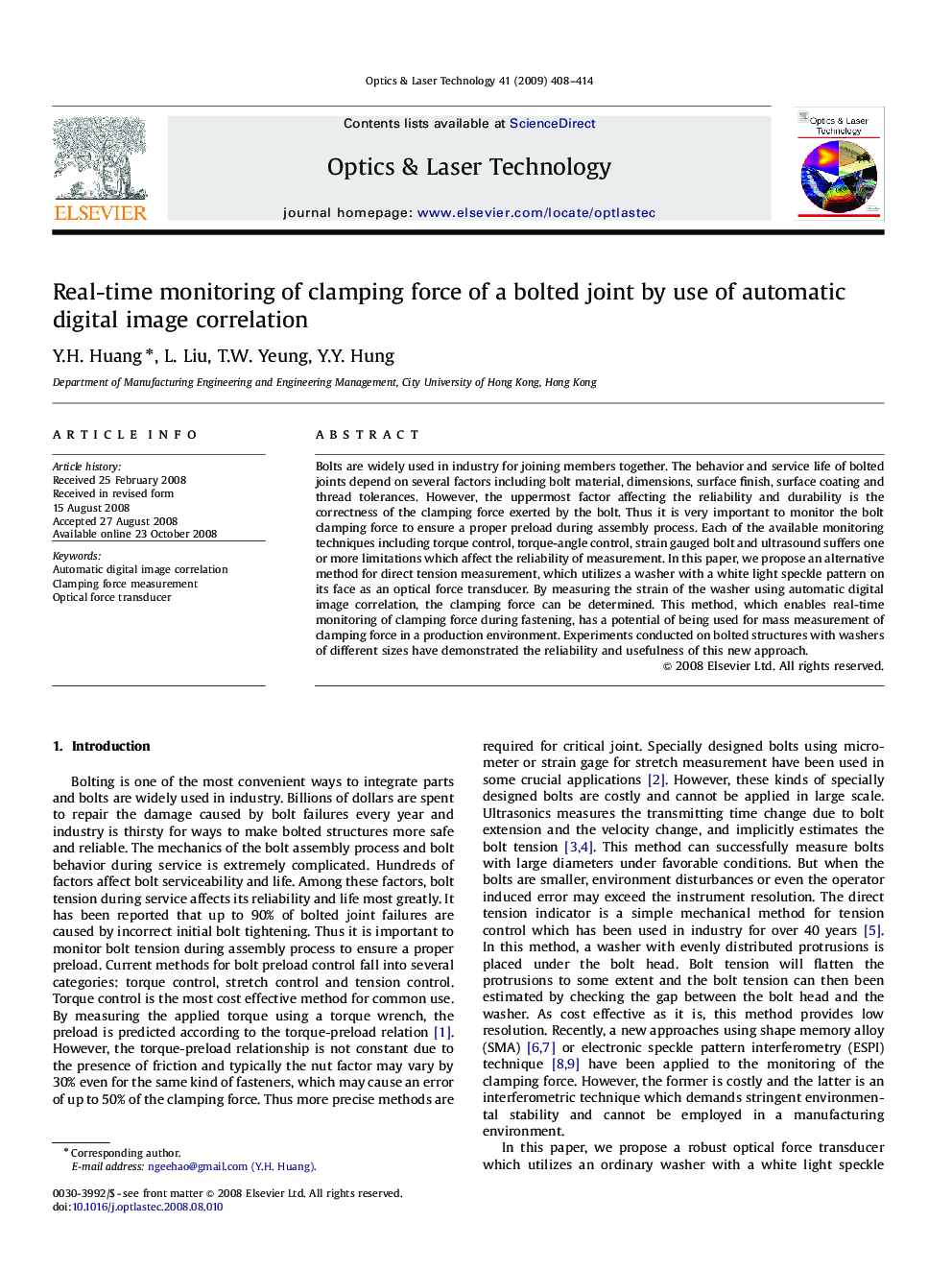 Real-time monitoring of clamping force of a bolted joint by use of automatic digital image correlation