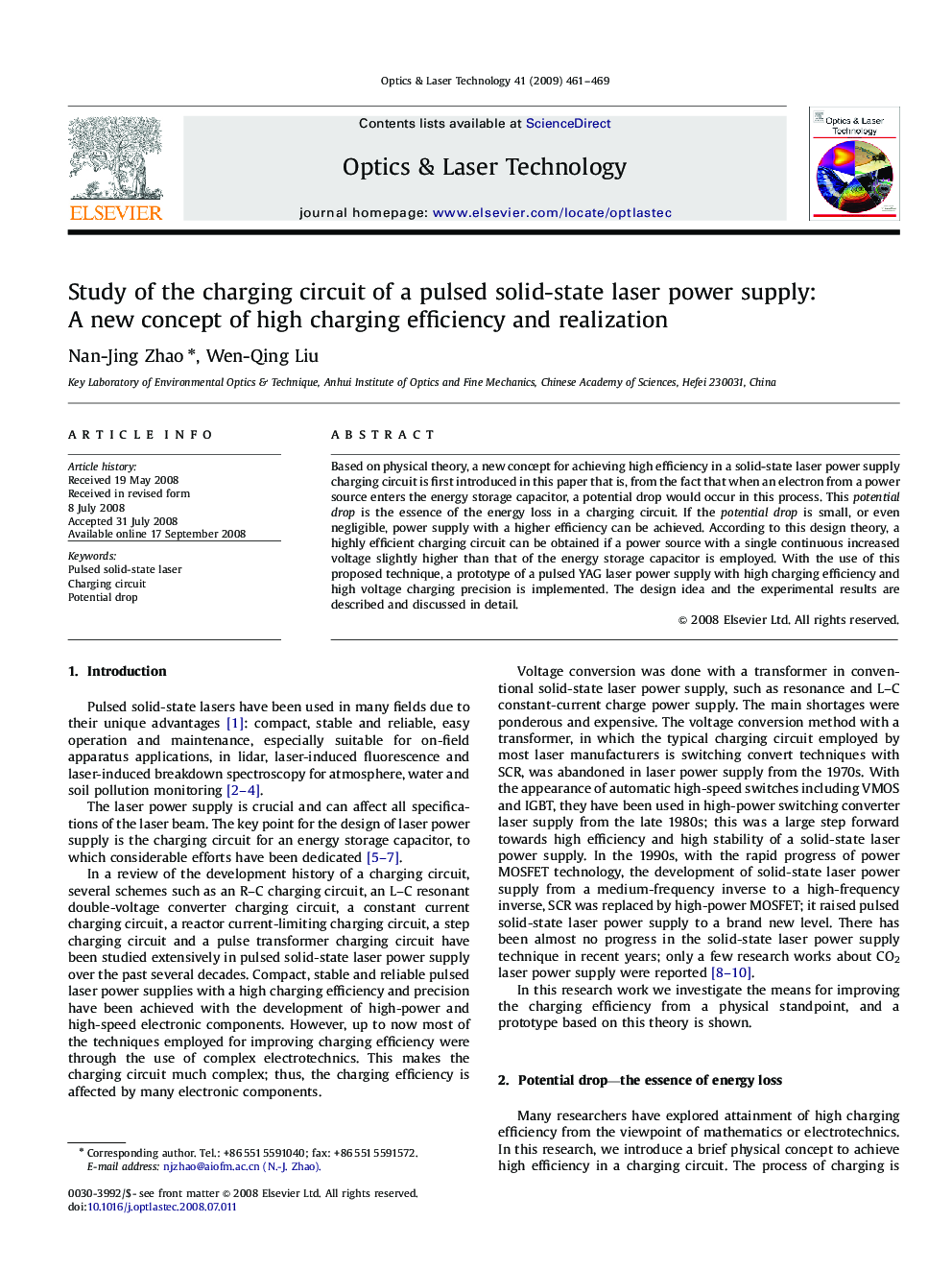 Study of the charging circuit of a pulsed solid-state laser power supply: A new concept of high charging efficiency and realization