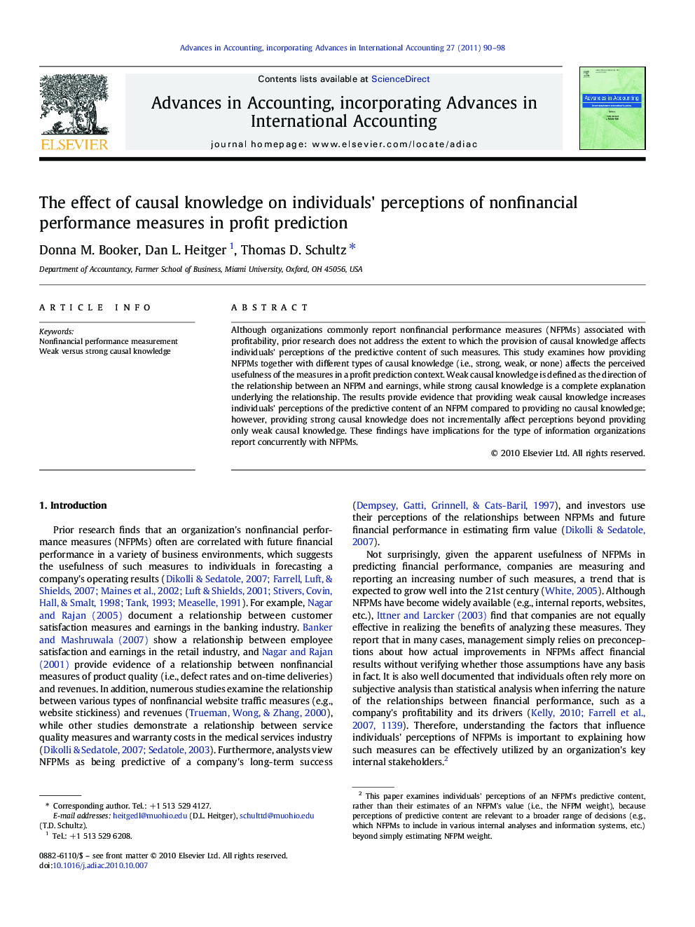 عکس صفحه اول مقاله: The effect of causal knowledge on individuals' perceptions of nonfinancial performance measures in profit prediction The effect of causal knowledge on individuals' perceptions of nonfinancial performance measures in profit prediction