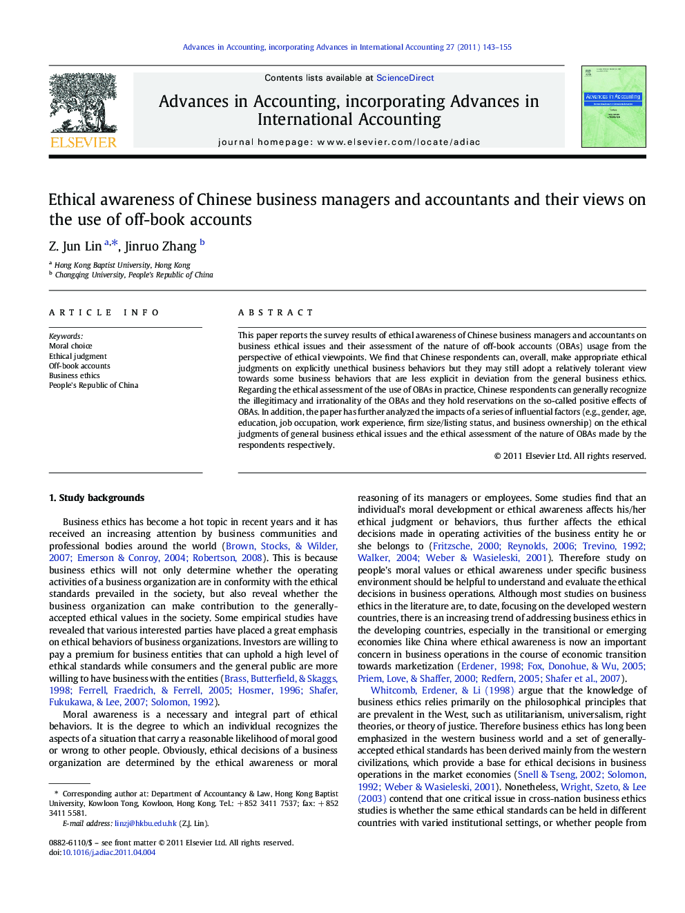 Ethical awareness of Chinese business managers and accountants and their views on the use of off-book accounts