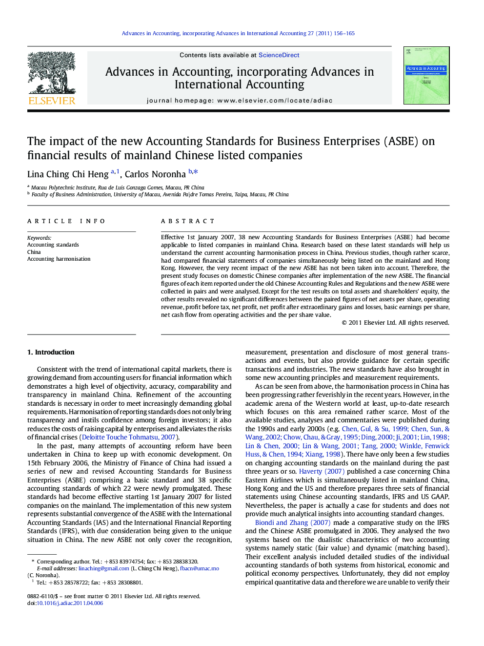 The impact of the new Accounting Standards for Business Enterprises (ASBE) on financial results of mainland Chinese listed companies