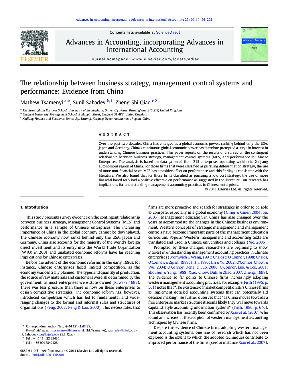 The relationship between business strategy, management control systems and performance: Evidence from China
