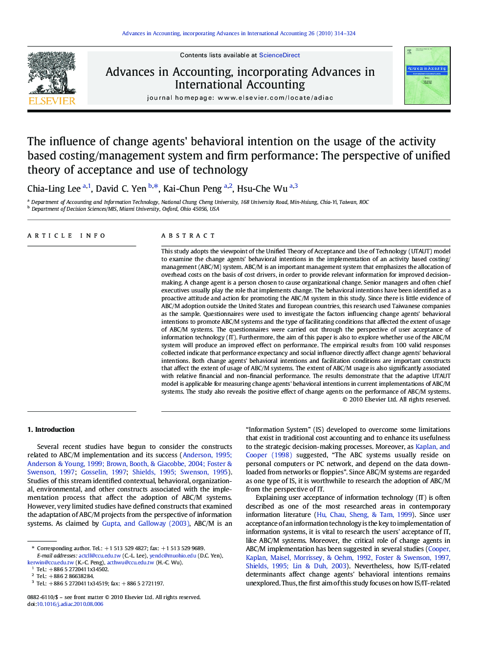 The influence of change agents' behavioral intention on the usage of the activity based costing/management system and firm performance: The perspective of unified theory of acceptance and use of technology