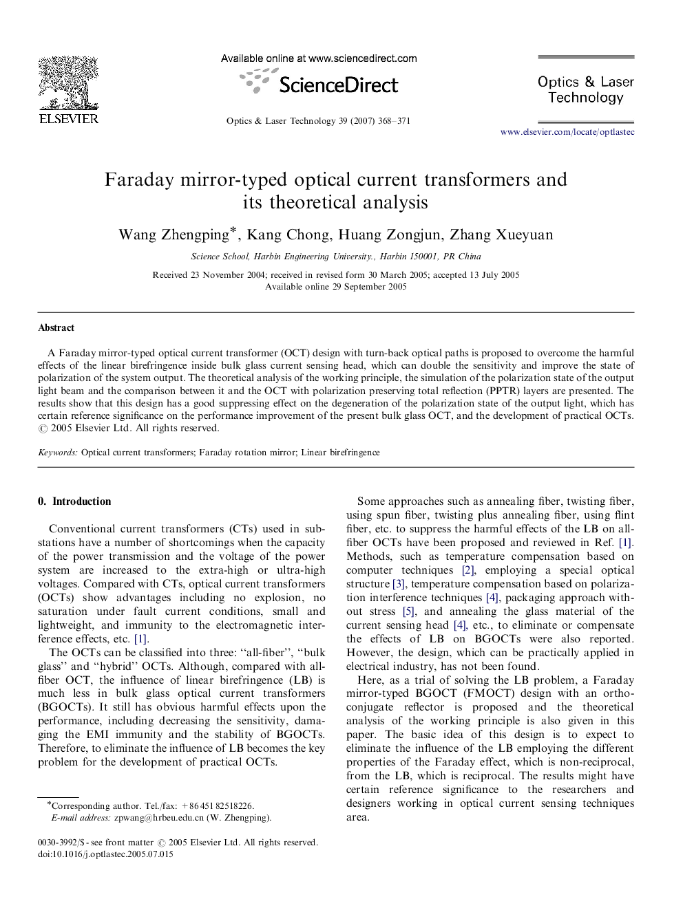 Faraday mirror-typed optical current transformers and its theoretical analysis