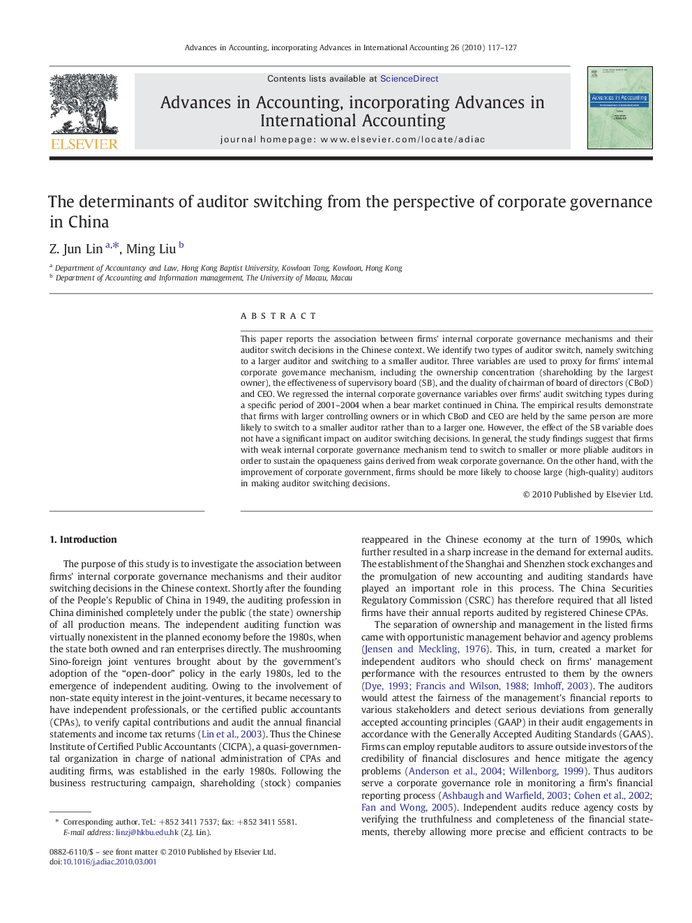 The determinants of auditor switching from the perspective of corporate governance in China