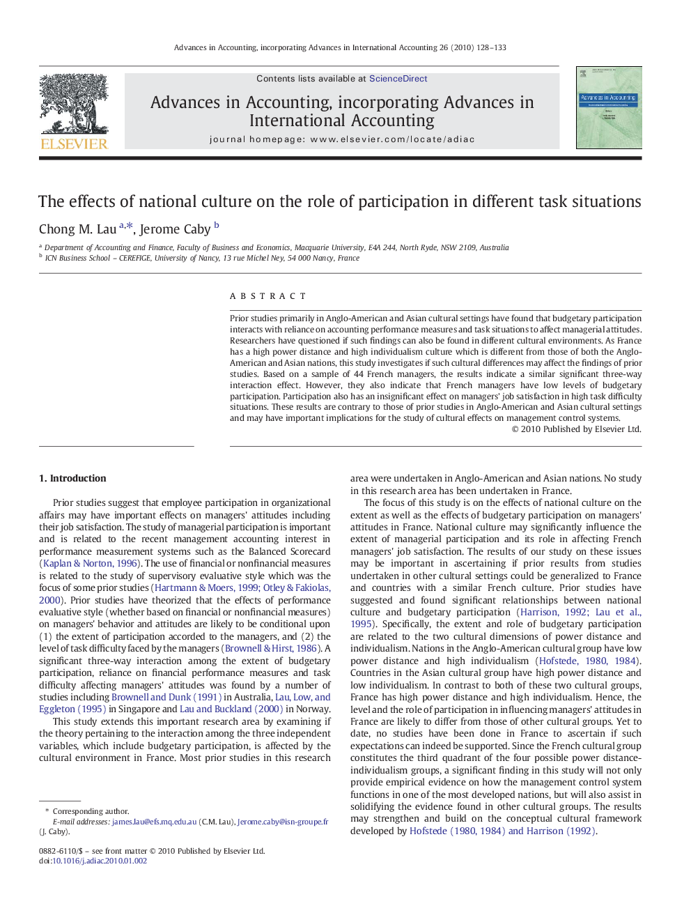 The effects of national culture on the role of participation in different task situations