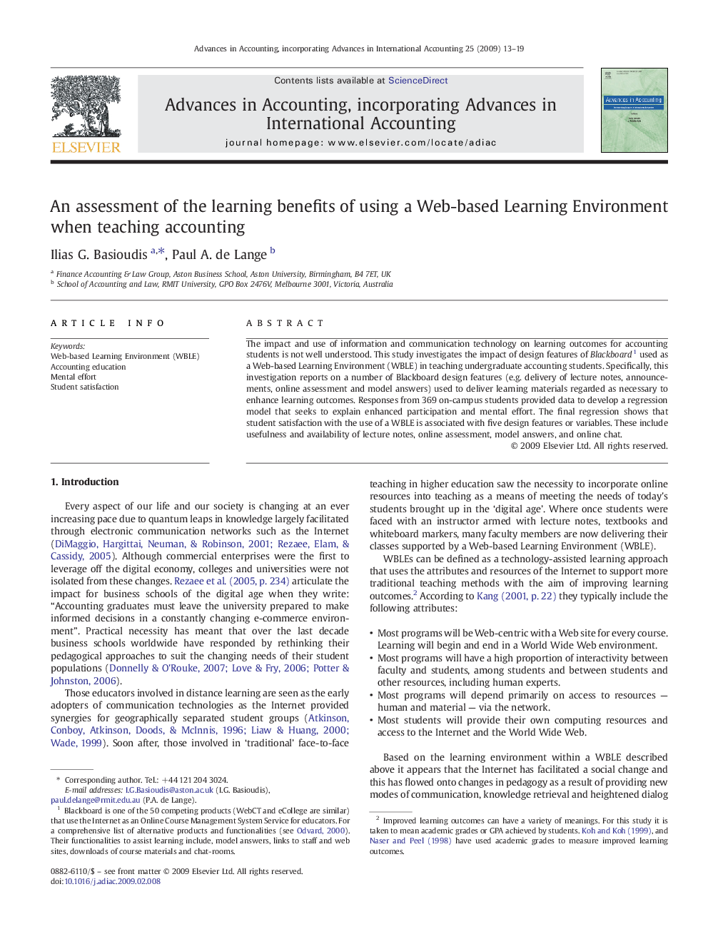 An assessment of the learning benefits of using a Web-based Learning Environment when teaching accounting